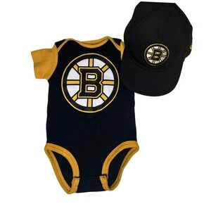 Boston Bruins Baby Bodysuit 6/9 Months and Infant Hat Baseball Cap  🏒 🖤